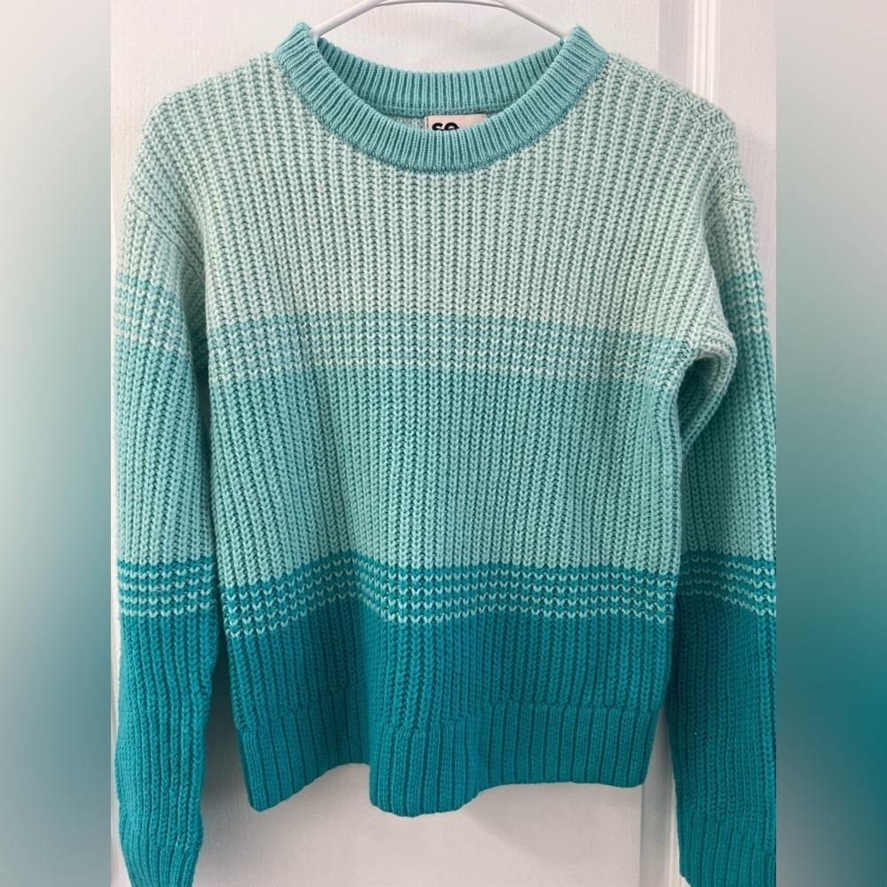 SO®Knit Crewneck Striped Teal and Mint Sweater (Size L 10/12)- NWOT - Picture 3 of 6